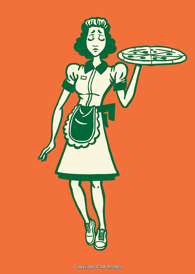 Retro Style Waitress Holding Pizza on an Orange Background