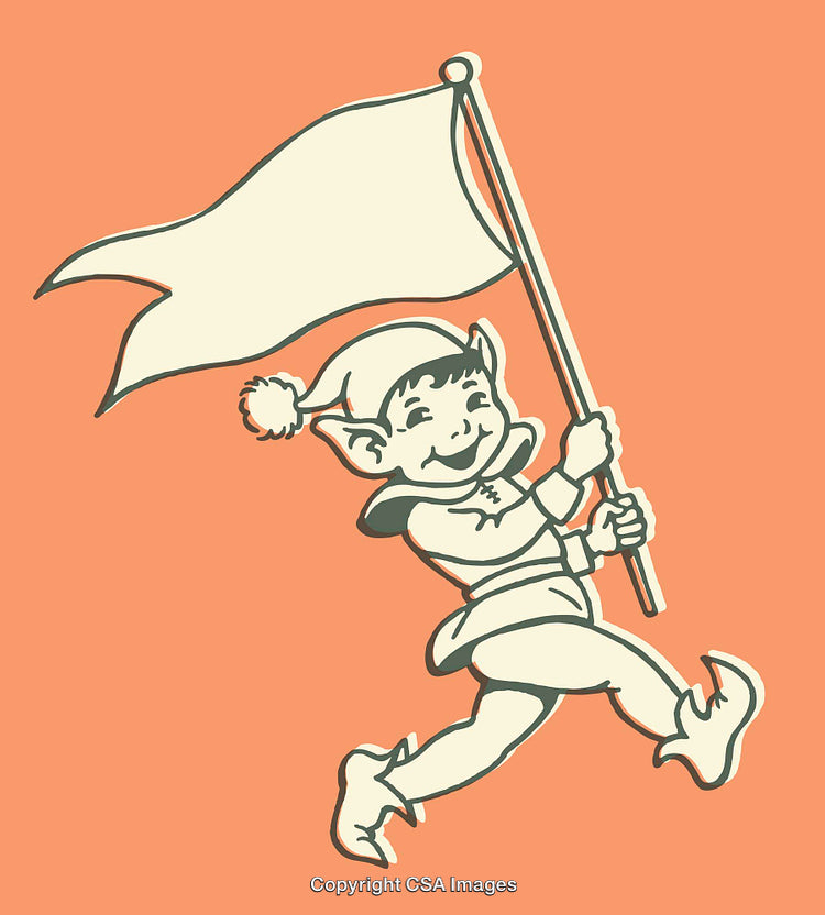 Cheerful Elf Carrying a Banner in Retro Style Line Art Drawing
