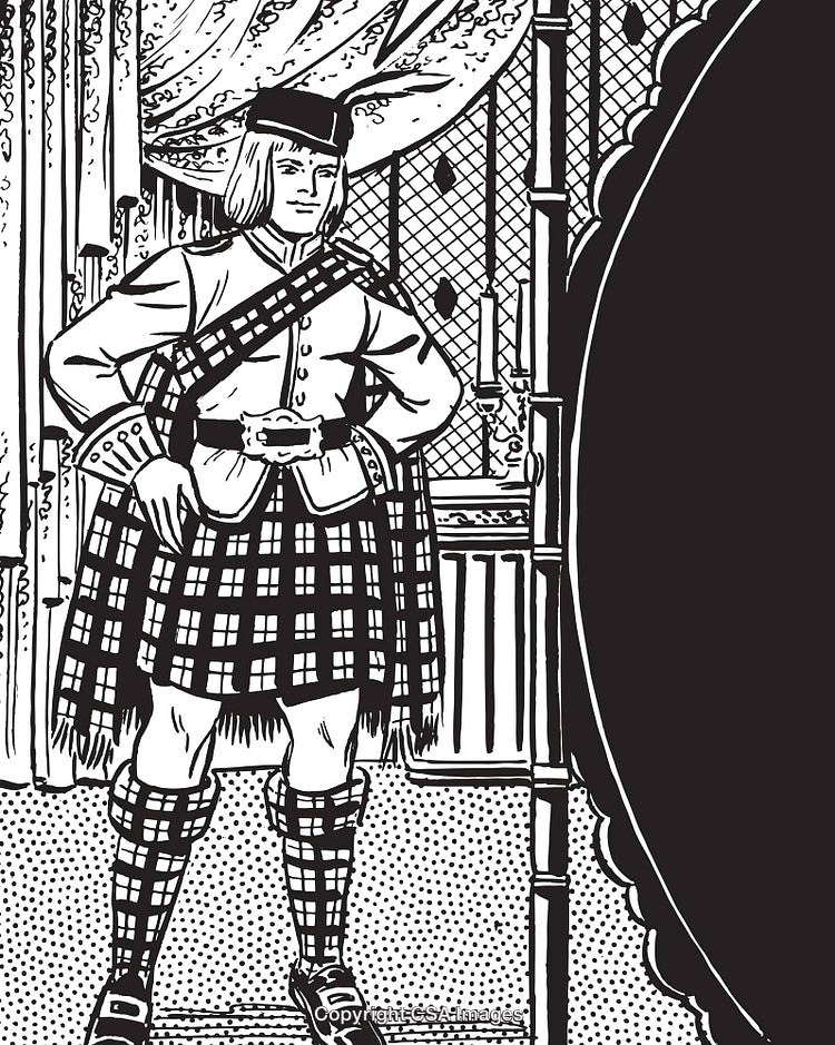 Traditional Scottish Highland Attire Drawing Featuring a Plaid Kilt and Jacket