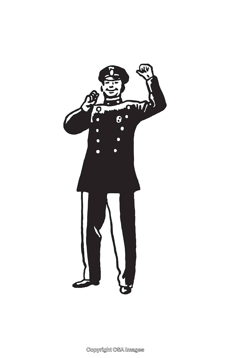 Black and White Illustration of a Smiling Officer Celebrating
