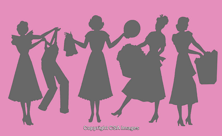 Silhouettes of Retro Women Engaged in Everyday Chores with Pink Background