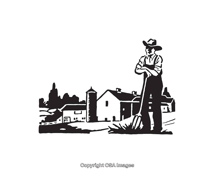Black and White Illustration of a Farmer Standing by a Barn