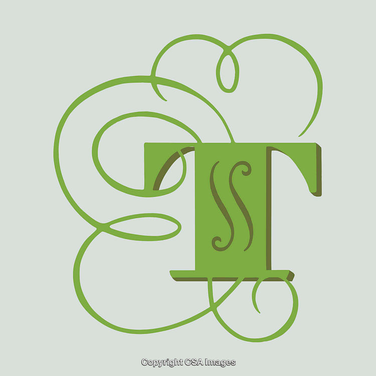 Elegant Green Letter T with Decorative Swirls and Ornamentation