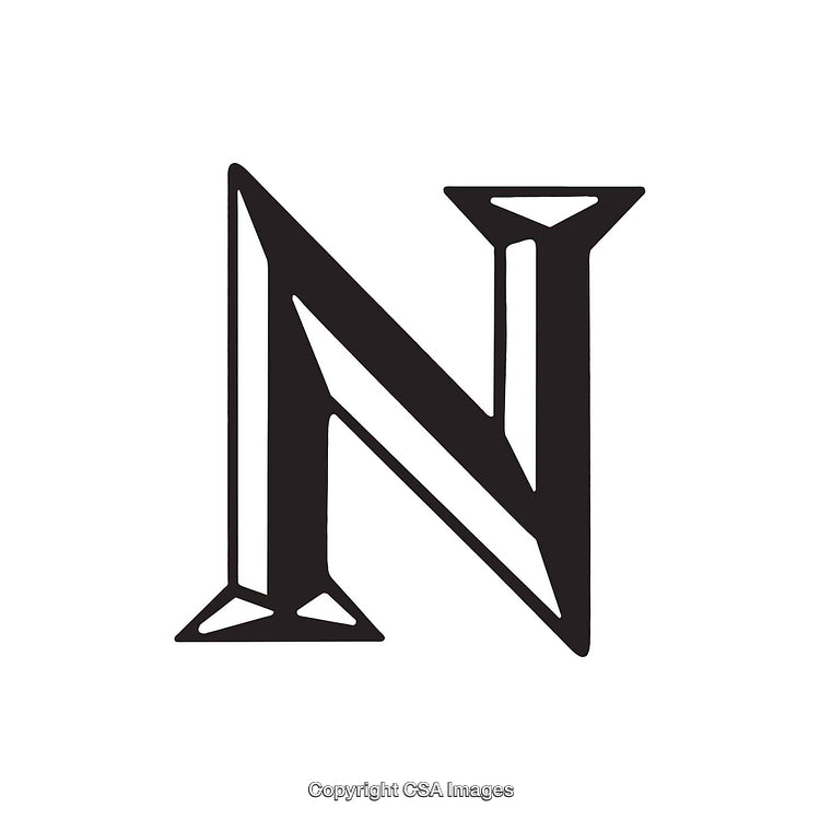 Intricately Designed Black Letter N with Classic Serif Details on White Background