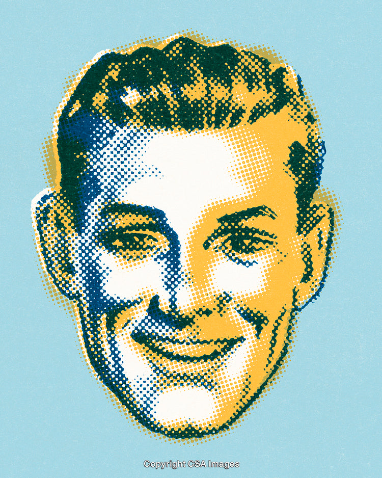 Halftone Style Portrait Depicting Retro Smiling Man on Blue Background
