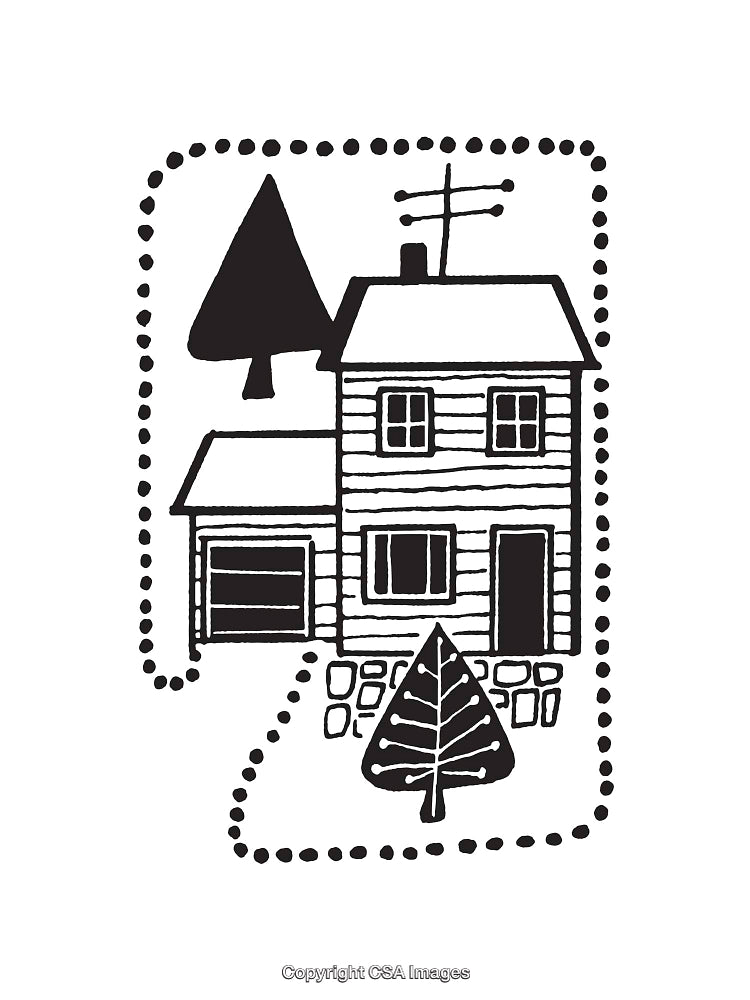 Black And White Hand-Drawn House Illustration with Trees and Decorative Elements