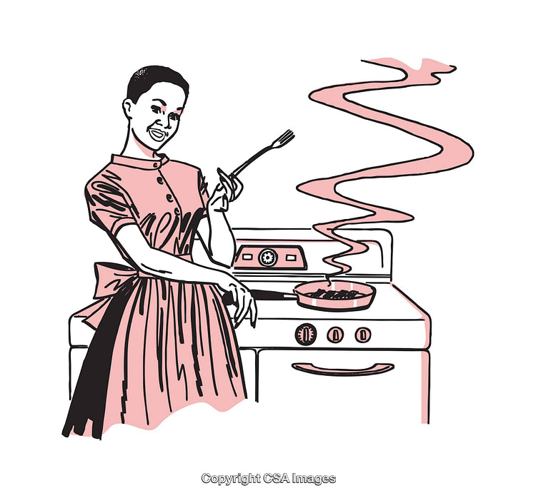 Retro Woman Cooking On a Stove with Sizzling Pan and Spiraling Smoke