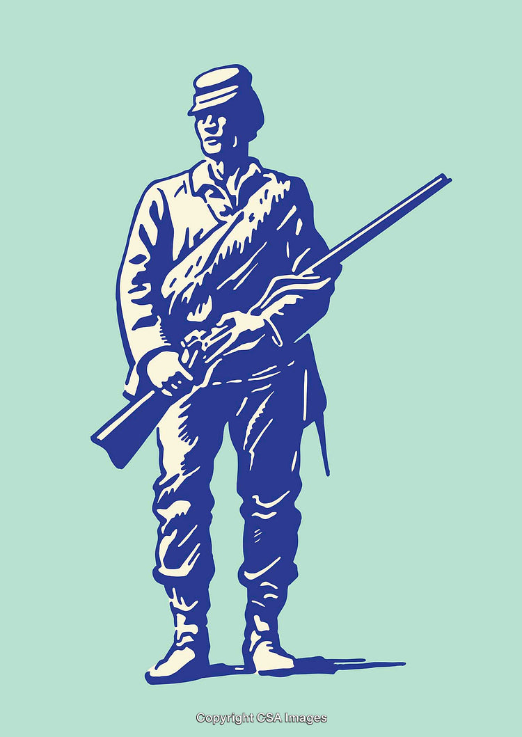 Line Art Illustration of a Soldier Holding a Rifle on a Green Background