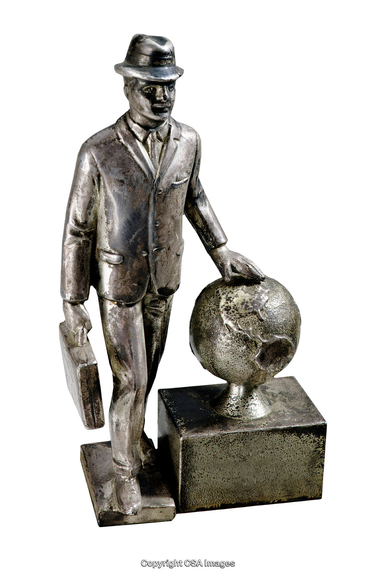 Metal Figure Depicting a Businessman with Globe and Briefcase on Stand