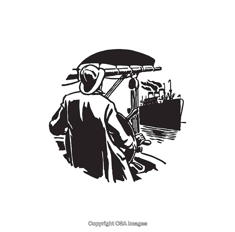 Vintage Line Illustration of a Traveler Observing a Steamship Dock