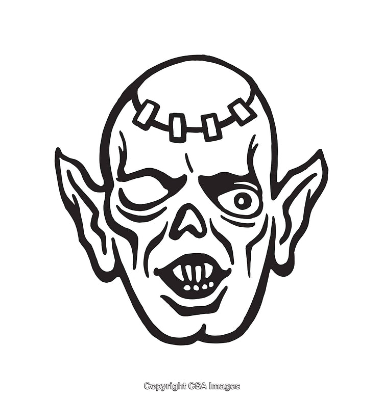 Black and White Line Art of a Grinning Goblin Face Illustration