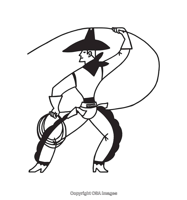 Black and White Line Art of a Cowboy Using a Lasso