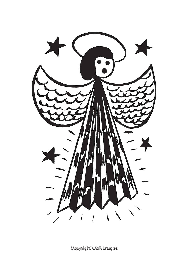 Black and White Angel Line Art with Stars and Radiant Details