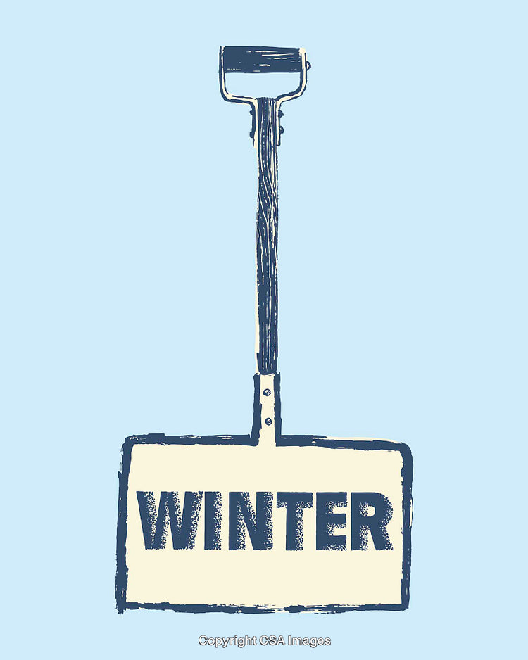 Winter Shovel Illustration with Bold Lettering on Light Blue Background