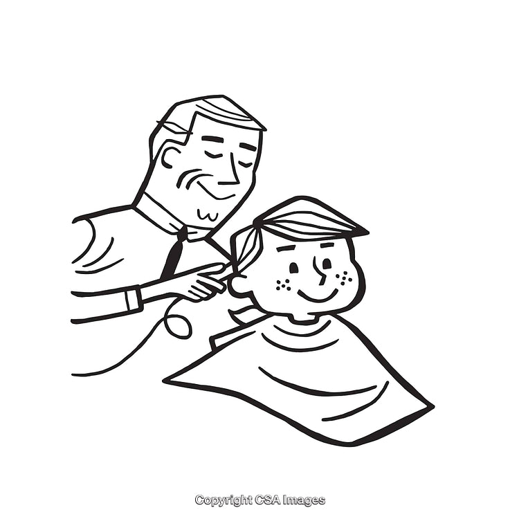 Barber Trims Boy's Hair in Black and White Line Art Illustration