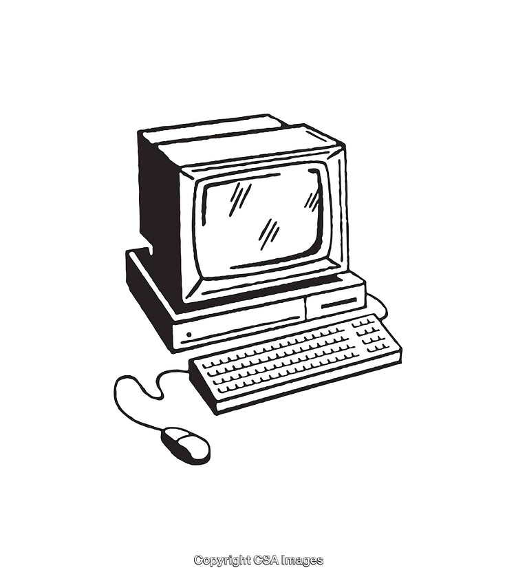 Vintage Line Art Illustration of a Personal Computer With Accessories