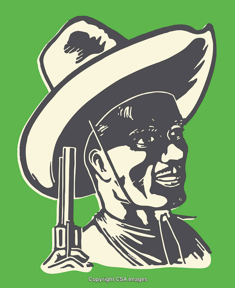 Color Line Art Illustration of a Smiling Cowboy with Hat on Green Background