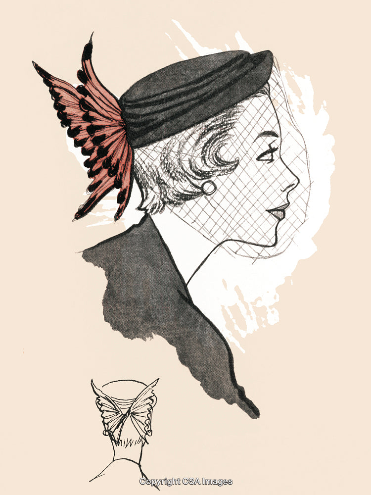 Elegant Illustration of a Woman Wearing a Butterfly-Inspired Fashion Hat