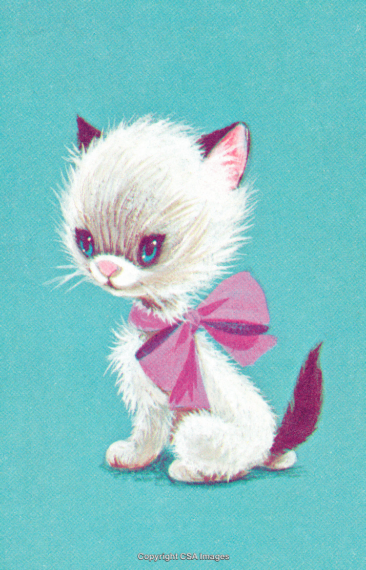 Vintage Illustration of a Charming Kitten With Pink Bow on Teal Background