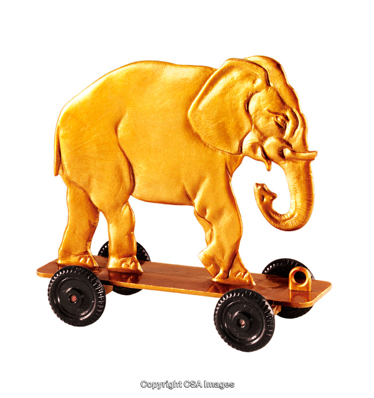 Golden Elephant Figurine on a Wheeled Base Symbolizing Strength and Mobility
