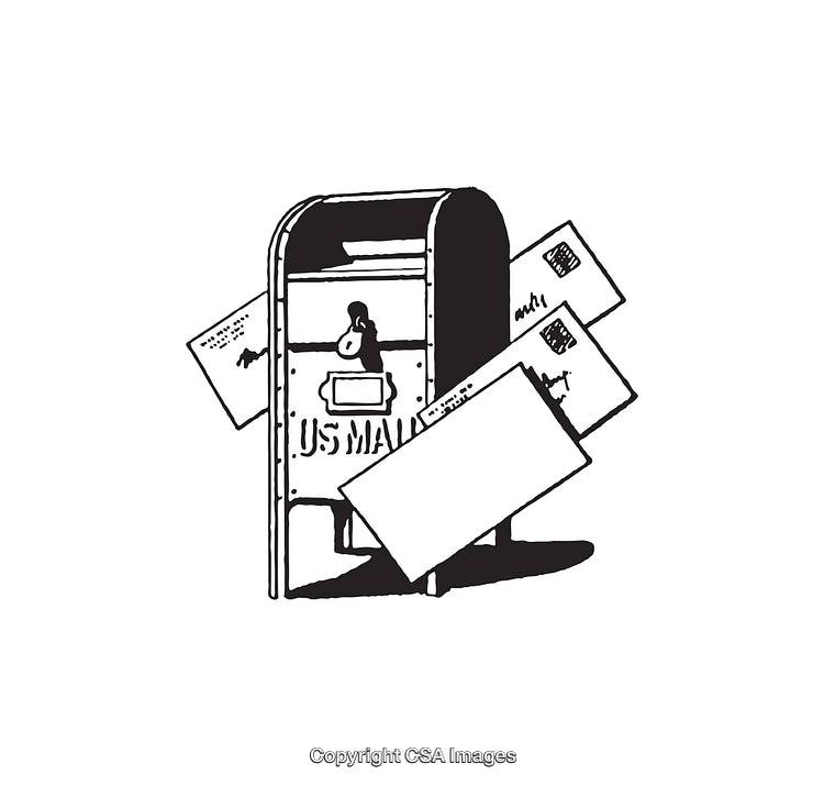 Black and White Line Art of Mailbox with Overflowing Letters