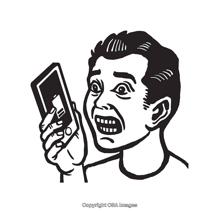 Black and White Art Depicting Shocked Reaction to Mobile Phone