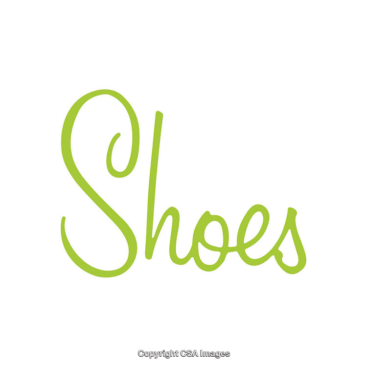Green Handwritten Word 'Shoes' on a White Background