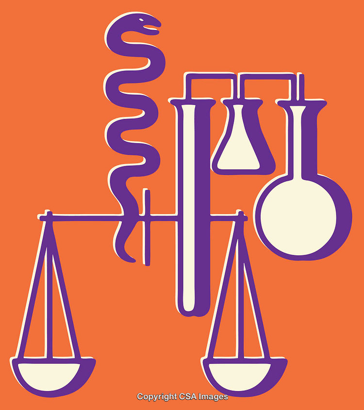 Abstract Line Art Illustration Featuring Scales, Flasks, and Serpents on Orange Background