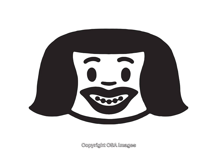 Cheerful Black and White Line Art Smiling Cartoon Face with Hair