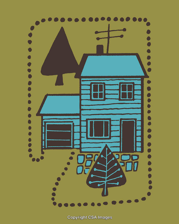 Colorful Line Art Illustration of a House and Trees on Olive Background