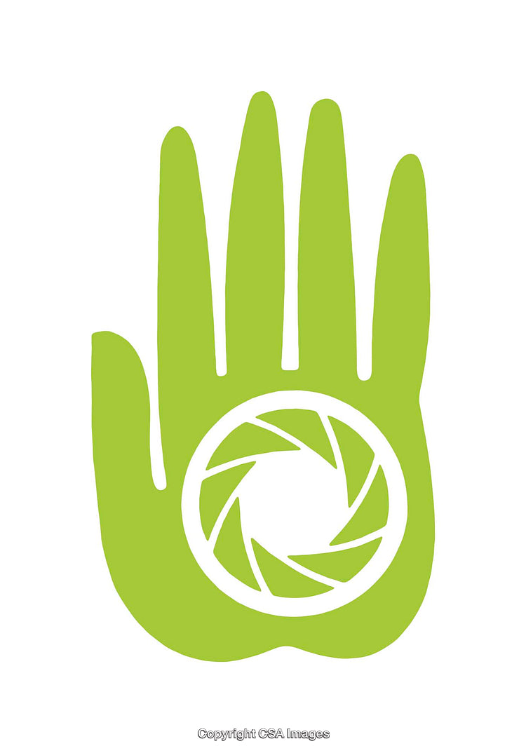 Green Hand Icon with Aperture Symbol on White Background