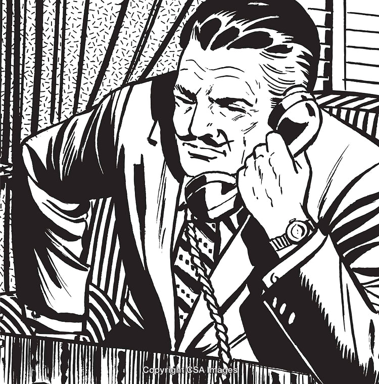 Retro Illustration of a Businessman Talking on the Telephone in Black and White