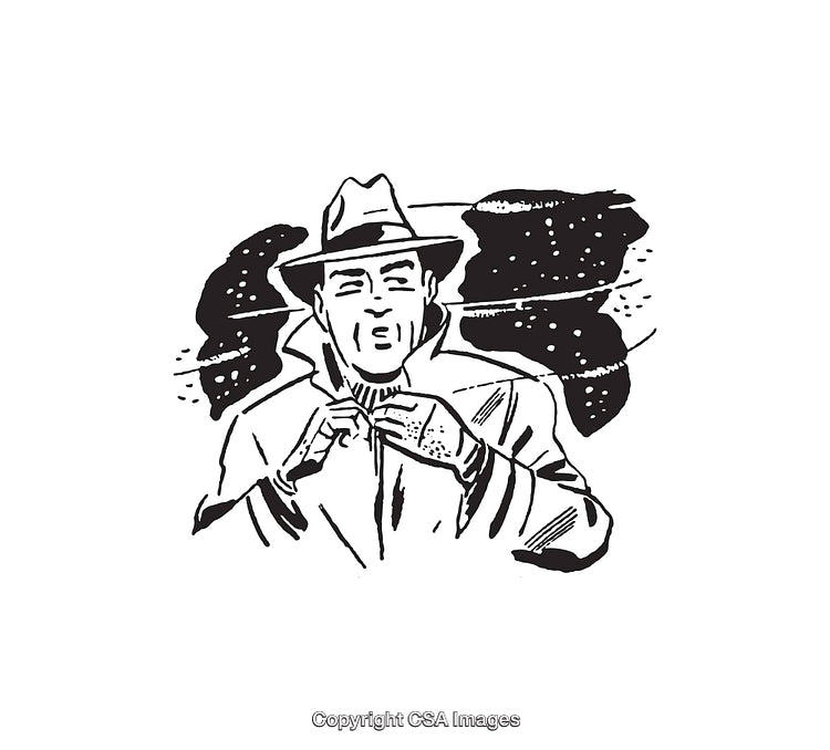 Black and White Line Art of a Person Wearing a Hat and Coat