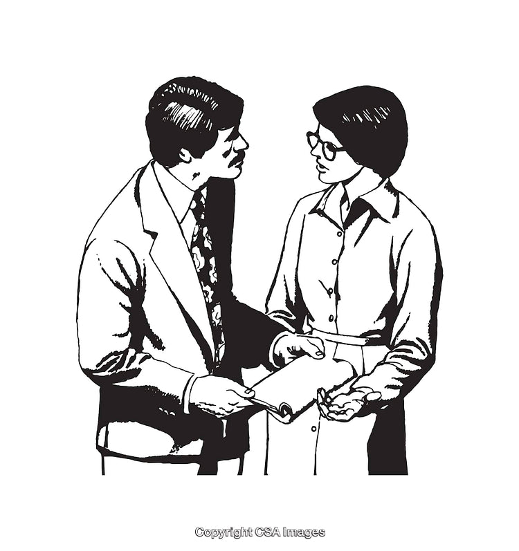 Black and White Illustration of Two Professionals in Discussion