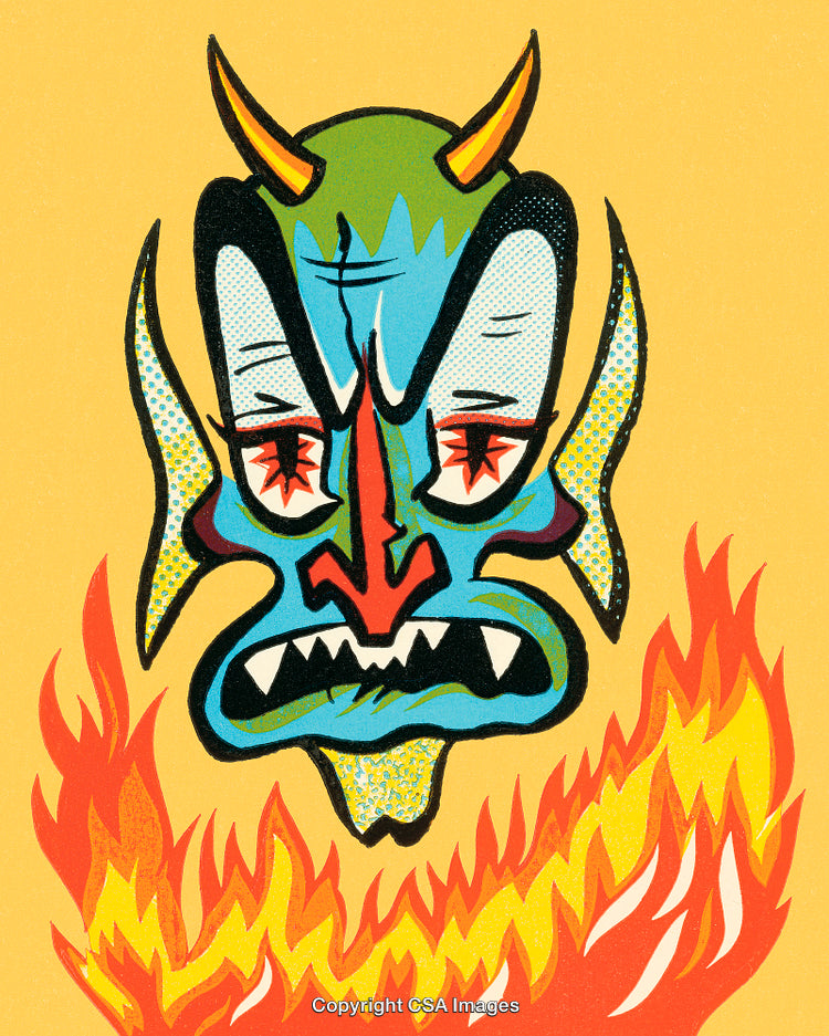 Colorful Devil Illustration with Flames and Bold Artistic Style
