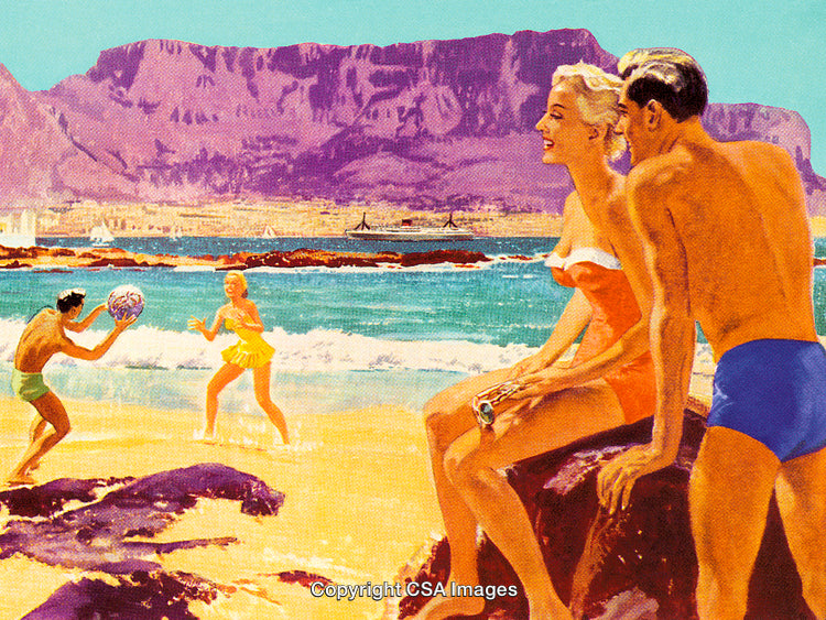 Retro Beach Scene with People Relaxing and Playing by Scenic Oceanfront