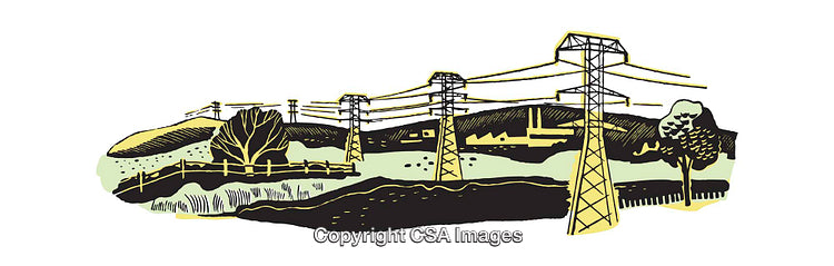 Illustrative Landscape with Power Lines and Rolling Hills in Colorful Style