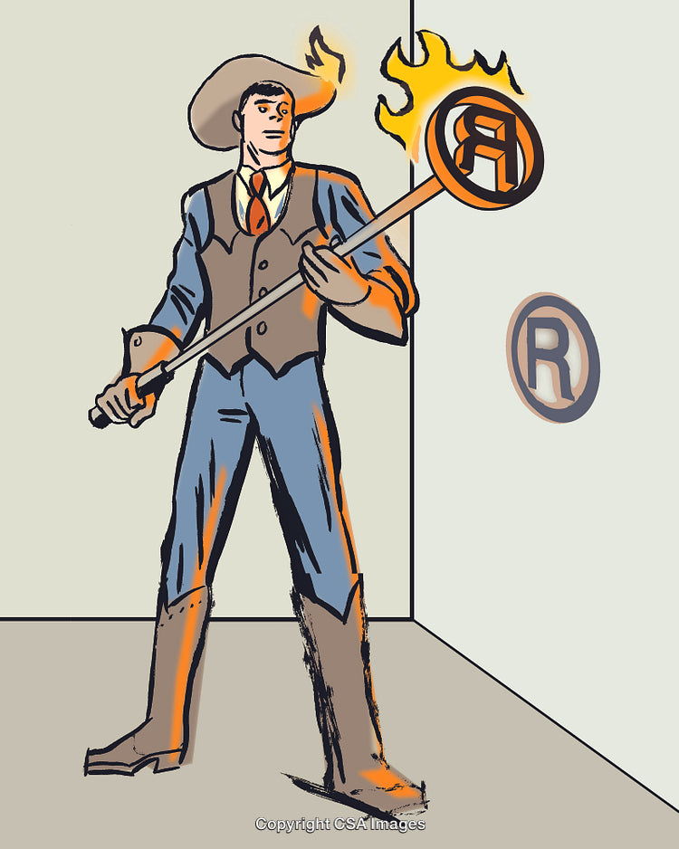 Stylized Cowboy Branding With Flaming Registered Trademark Symbol in Illustration