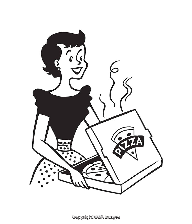 Retro Style Line Art of Woman Holding a Hot Pizza Box