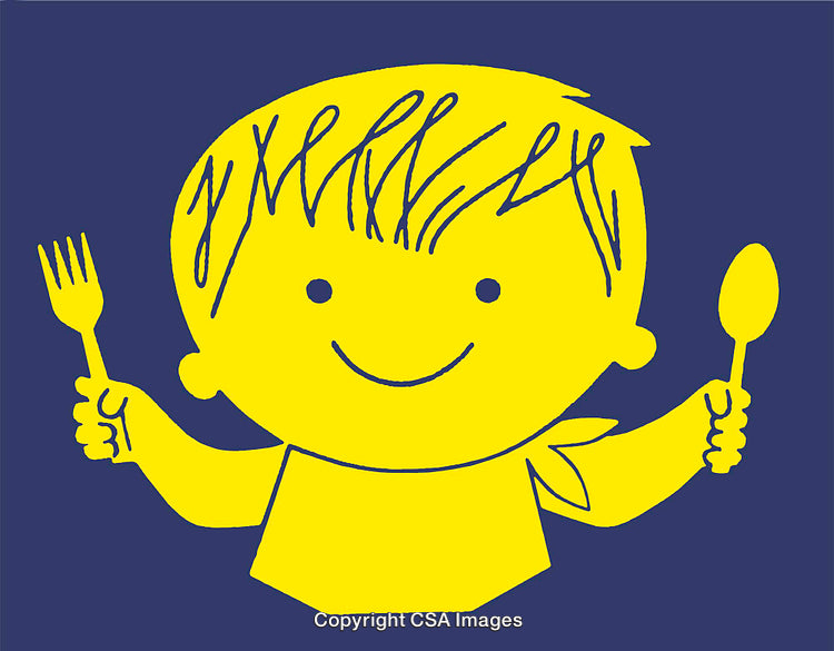 Bright Yellow Cartoon Illustration of a Happy Child Holding Eating Utensils