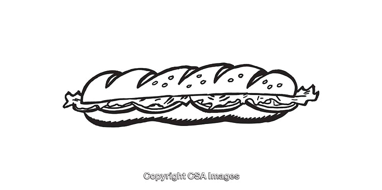 Illustration of a Submarine Sandwich in Black and White Line Art Style