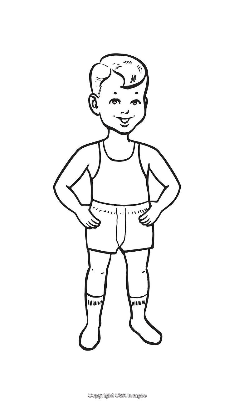 Black and White Line Art Illustration of a Smiling Boy Standing Confidently