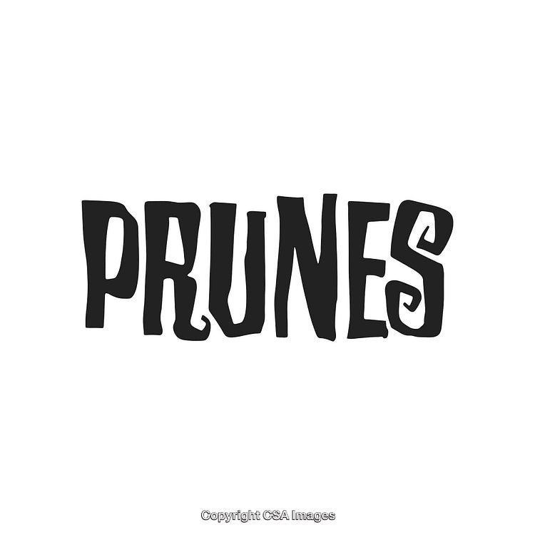 Stylized Black and White Graphic Saying 'Prunes' in Bold Text