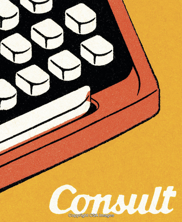 Vintage Illustration of a Red and Black Typewriter with a Yellow Background