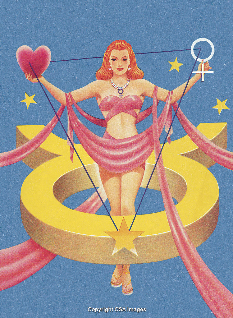 Retro Illustration of Feminine Figure with Heart and Venus Symbol Accents