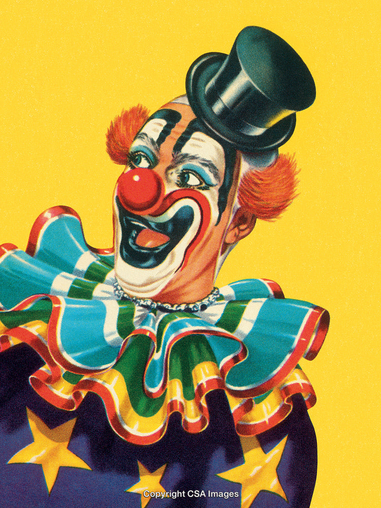 Colorful Clown With Top Hat on Bright Yellow Background