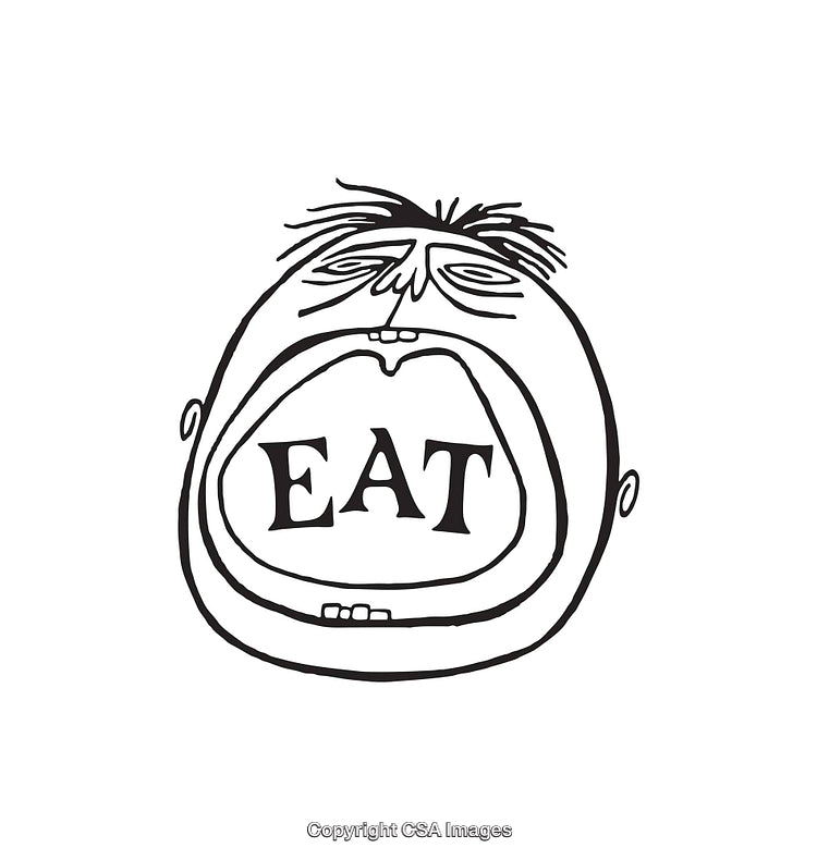 Black and White Line Art of Face with Text 'Eat'