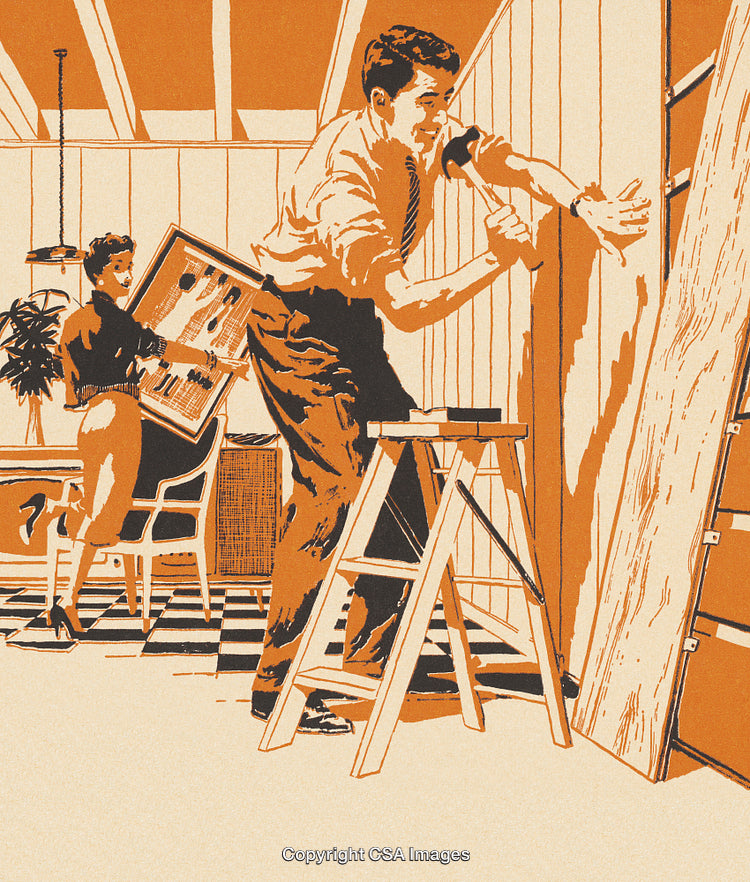 Retro Scene of Home Renovation Highlighting Teamwork and Creativity