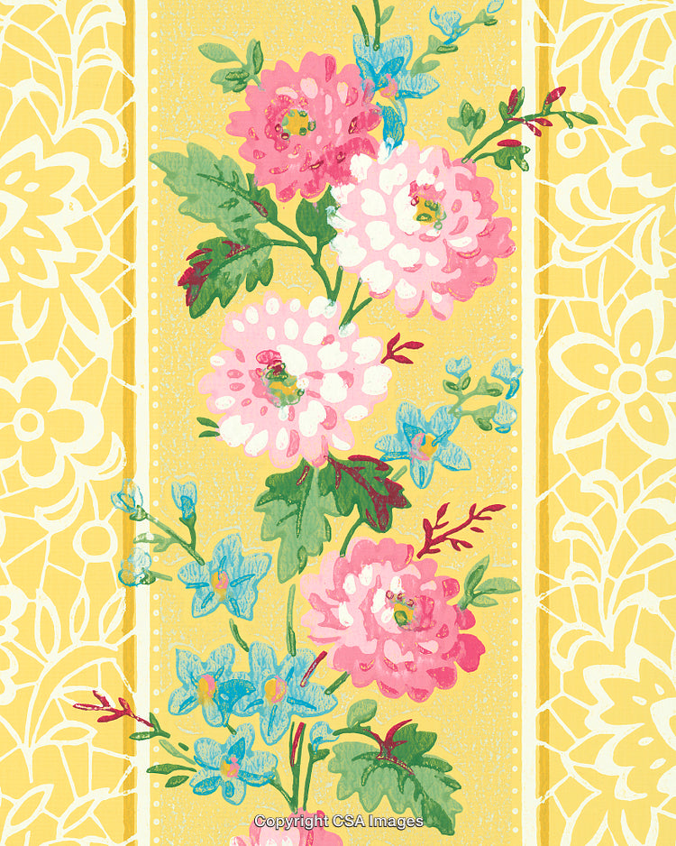 Floral Pattern with Vibrant Flowers and Leaves on Yellow Background