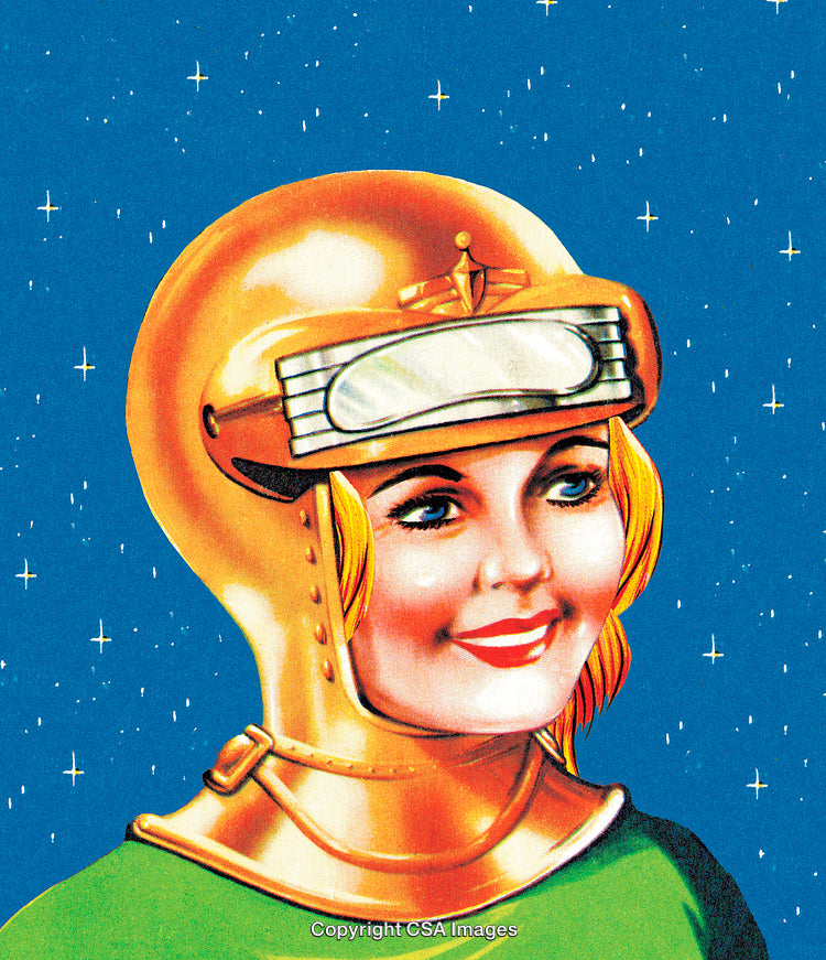 Retro Sci-Fi Illustration of Woman in Gold Space Helmet Against Starry Sky